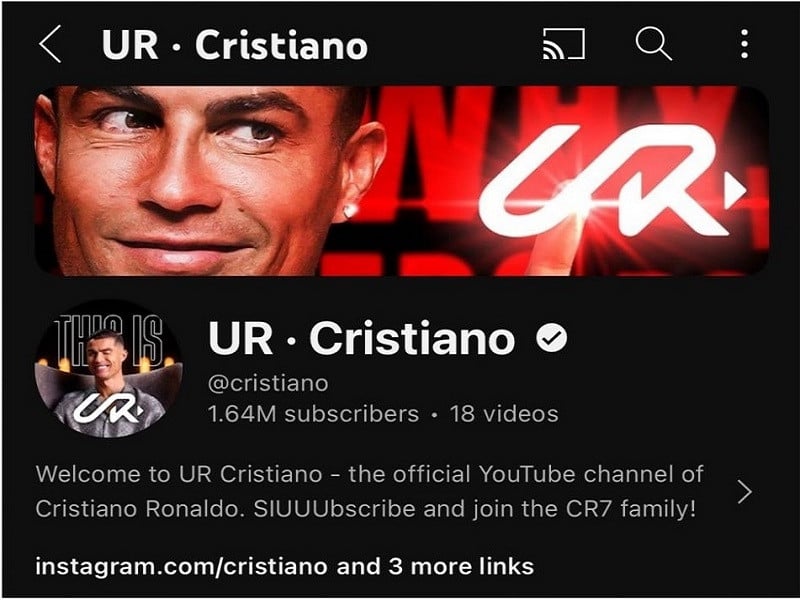 克里斯蒂亚诺•罗纳尔多(Cristiano Ronaldo)的YouTube新频道在90分钟内订阅量突破100万